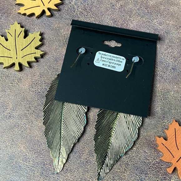 Goldtone Patina Leaf Drop Earrings - Picture 6 of 9